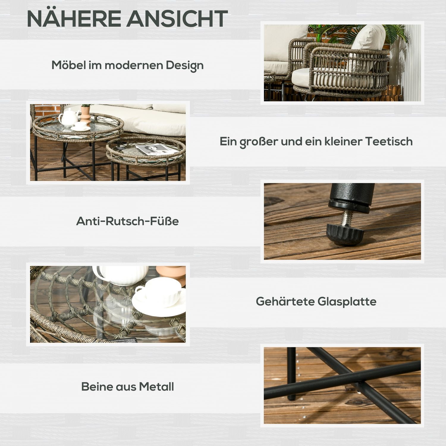 5-delad uteplats i rotting, kuddar, brun Boho-stil