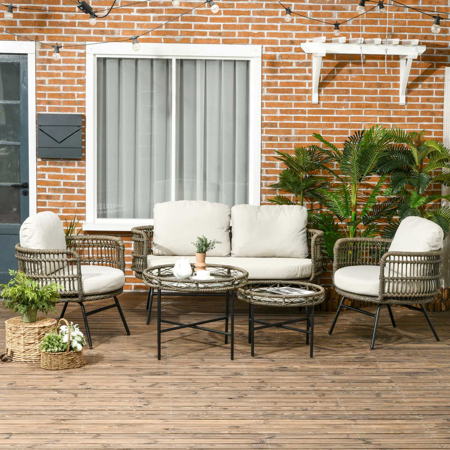 5-delad uteplats i rotting, kuddar, brun Boho-stil