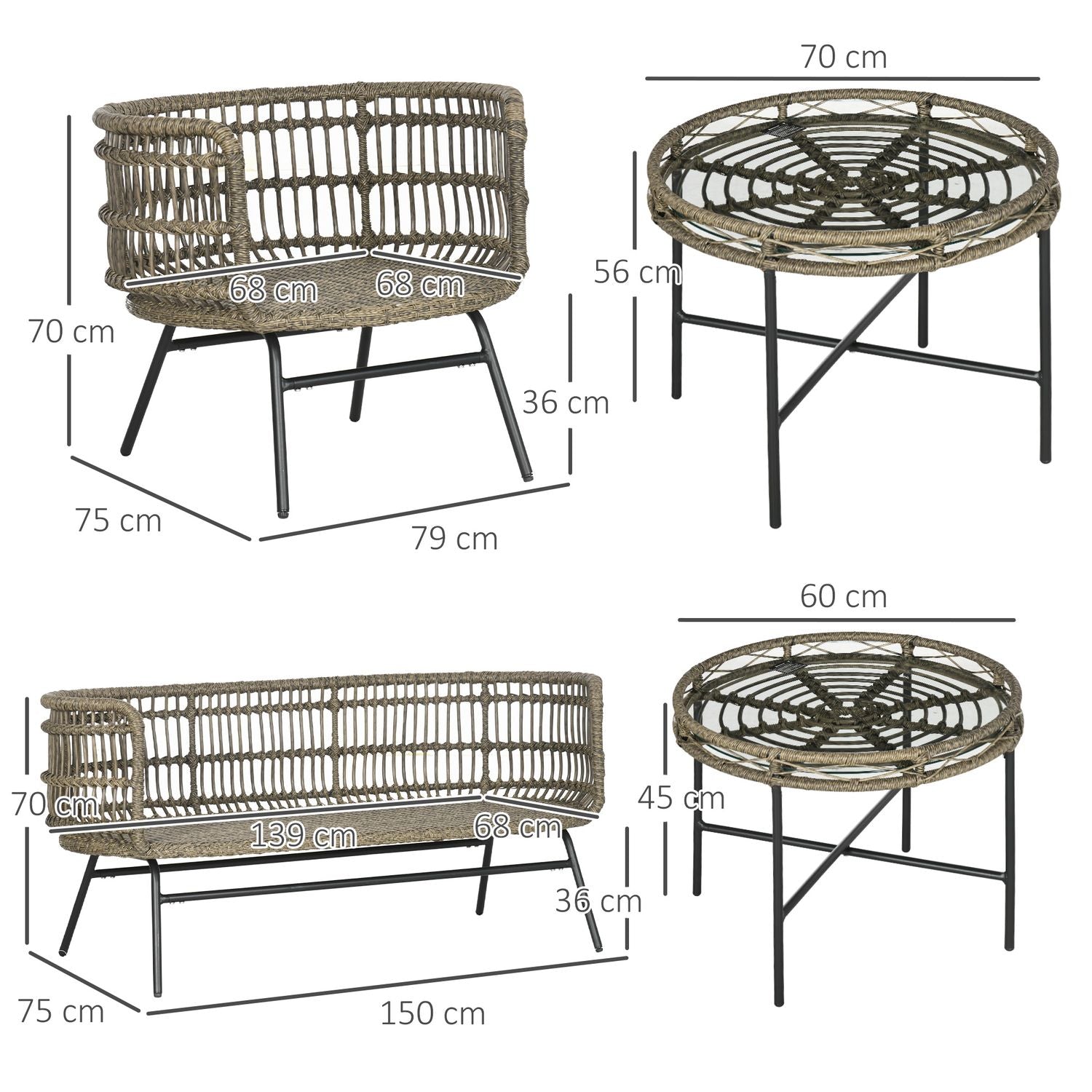 5-delad uteplats i rotting, kuddar, brun Boho-stil