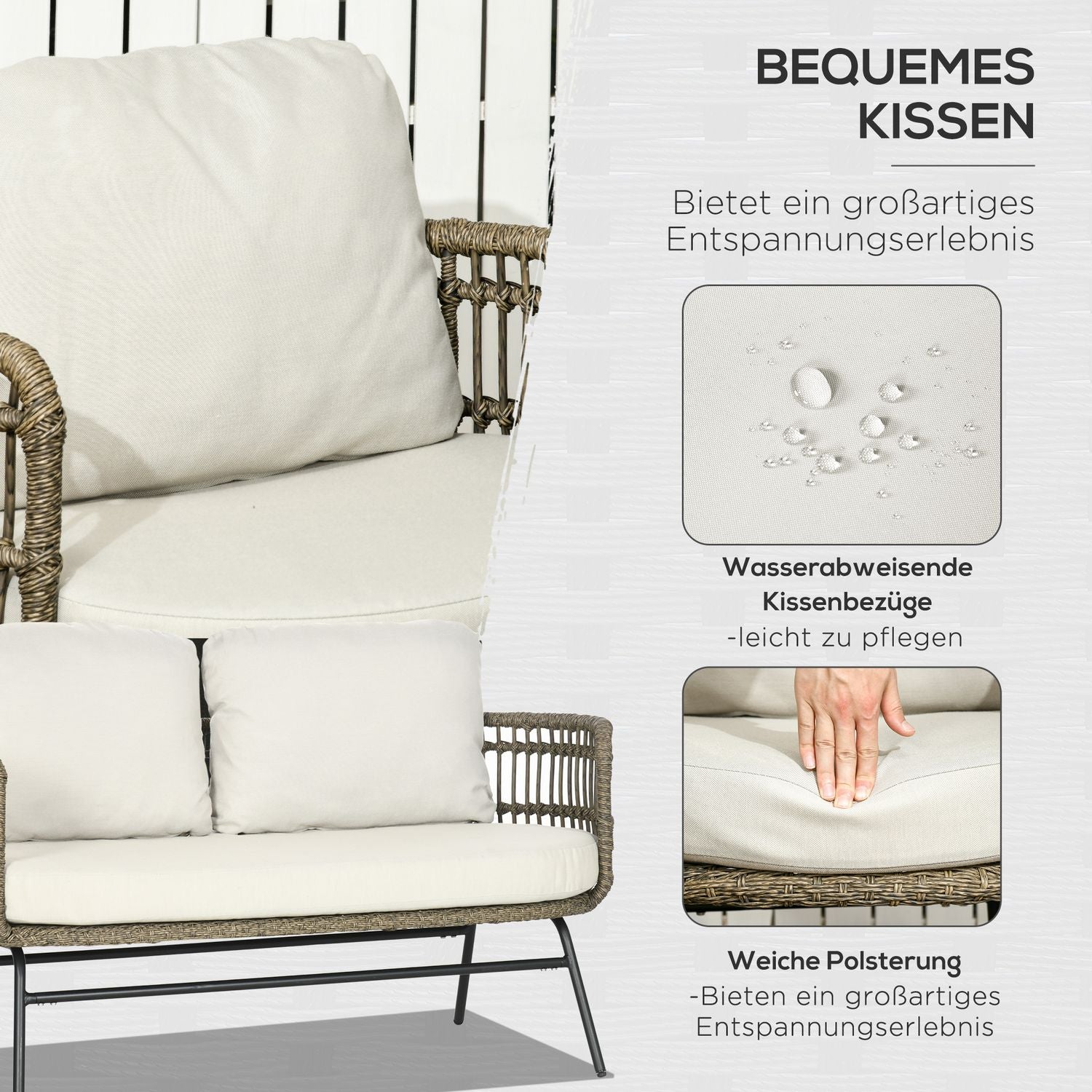 5-delad uteplats i rotting, kuddar, brun Boho-stil