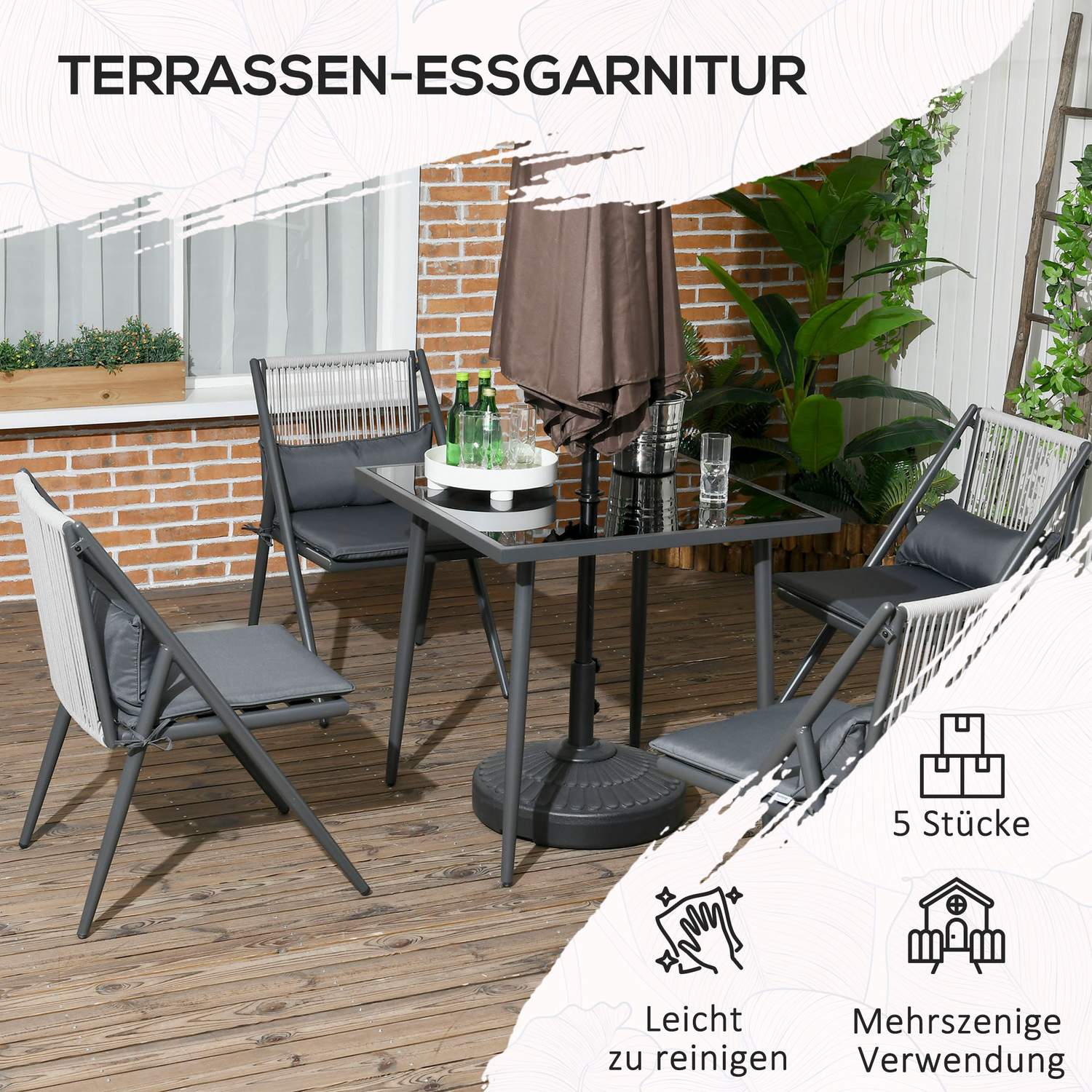 5-delat mörkgrå uteplats, bord och stolar, paraplyhål