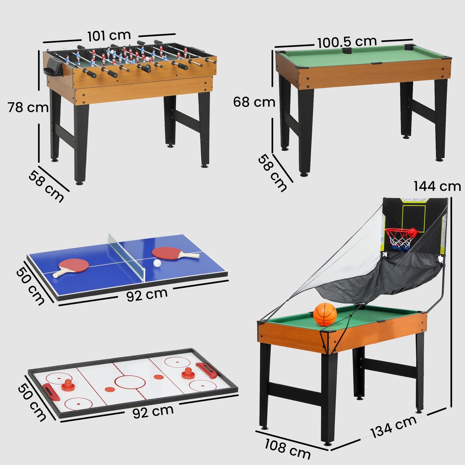 5-i-1-spelbord, fotboll, hockey, tennis, valnöt
