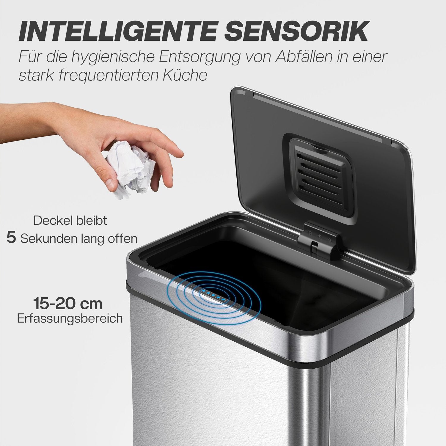 60L rostfri papperskorg med sensor, automatiskt lock