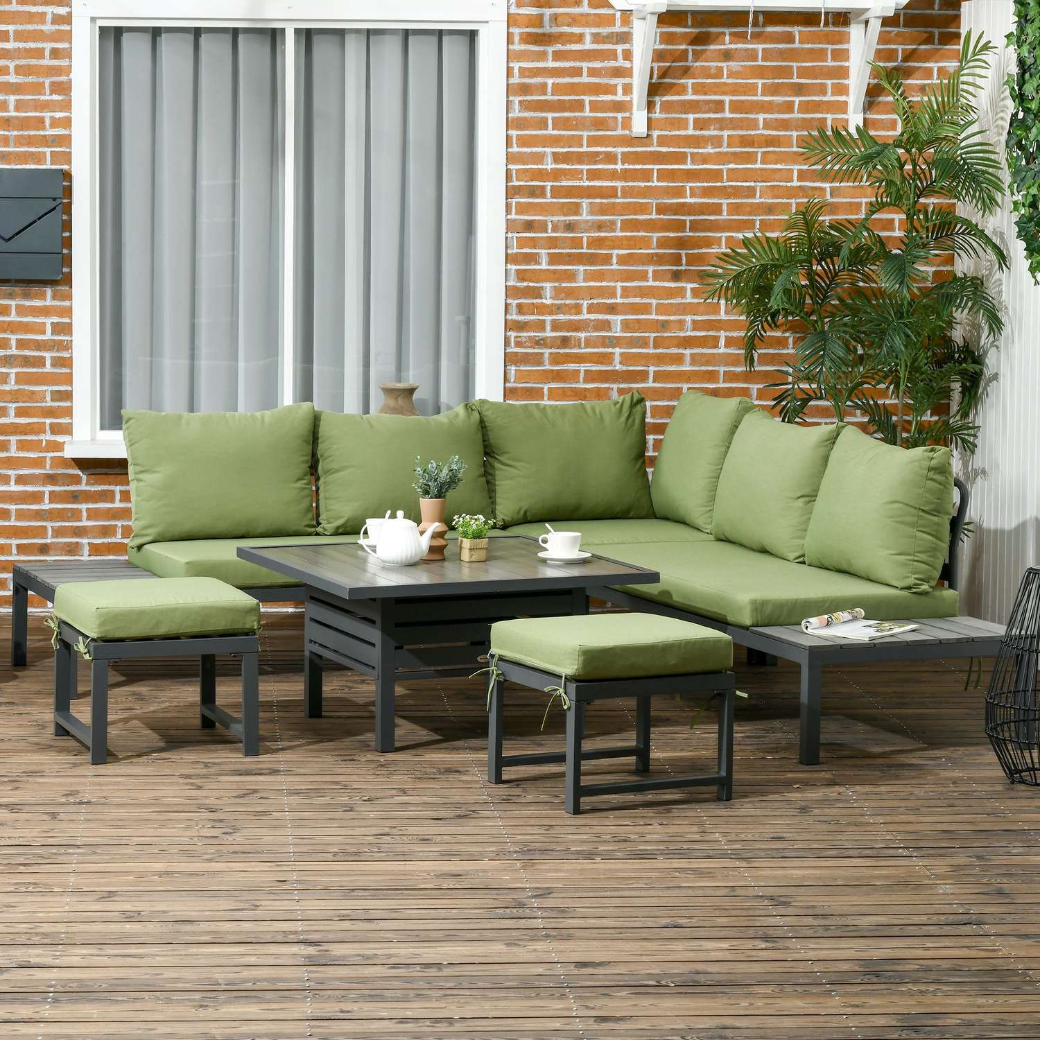 6-delad uteplats sittset, justerbart bord, aluminiumram
