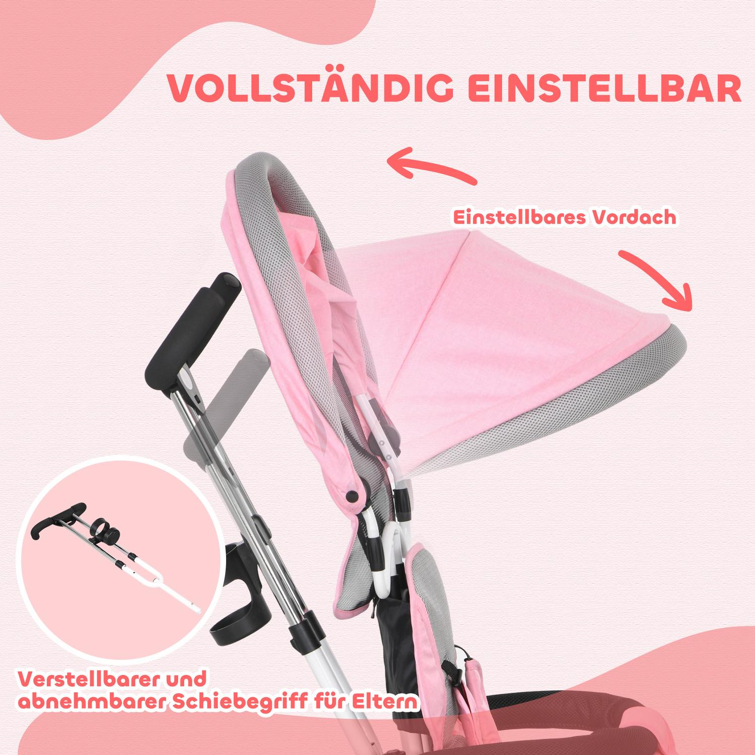 6-i-1 barntrehjuling med körbygel, tak, bälte, förvaringskorg, för 1-5 år, rosa