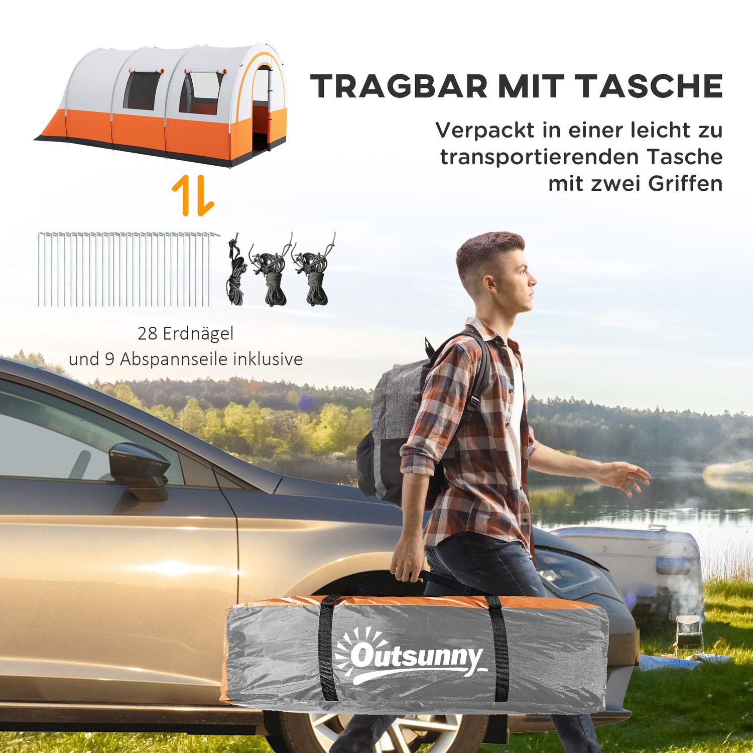 6-personers tunneltält, 2 rum, vattenavvisande, gräddvit