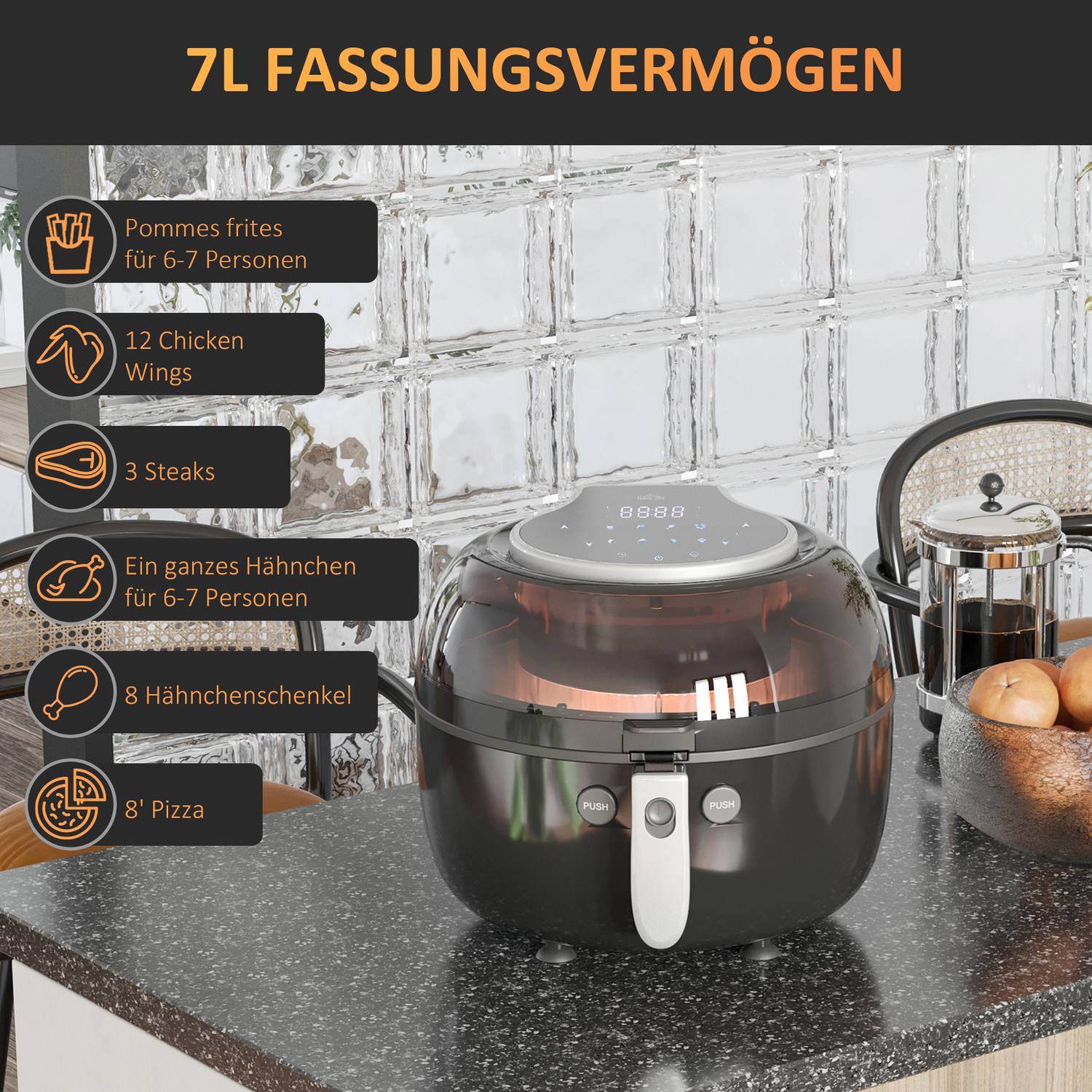 7L varmluftsfritös, oljefri, 1500W, non-stick korg
