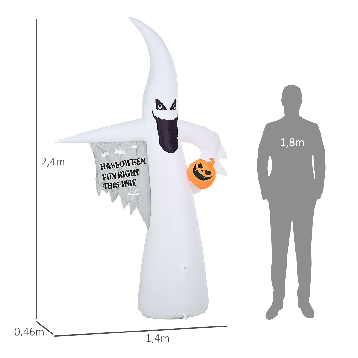 8stopý nafukovací halloweenský duch s LED osvětlením pro vnitřní i venkovní dekoraci