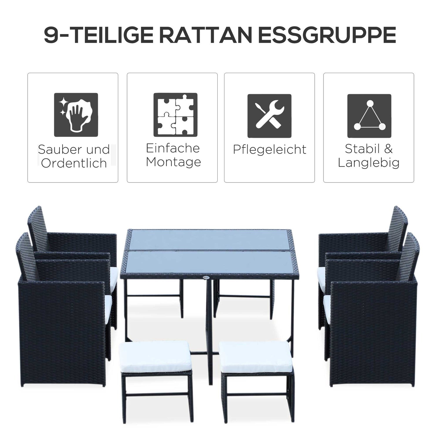 8-personers svart polyrattan trädgårdssittset
