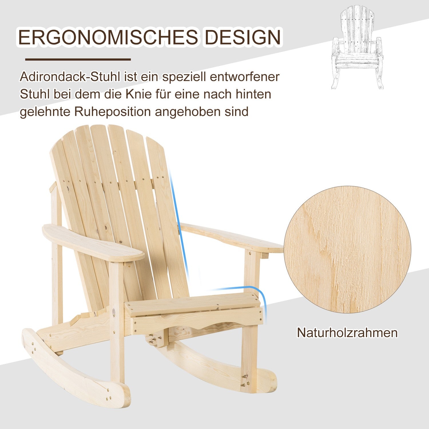 Adirondack Pine Wood Gungstol för uteplats, 74x97x92 cm