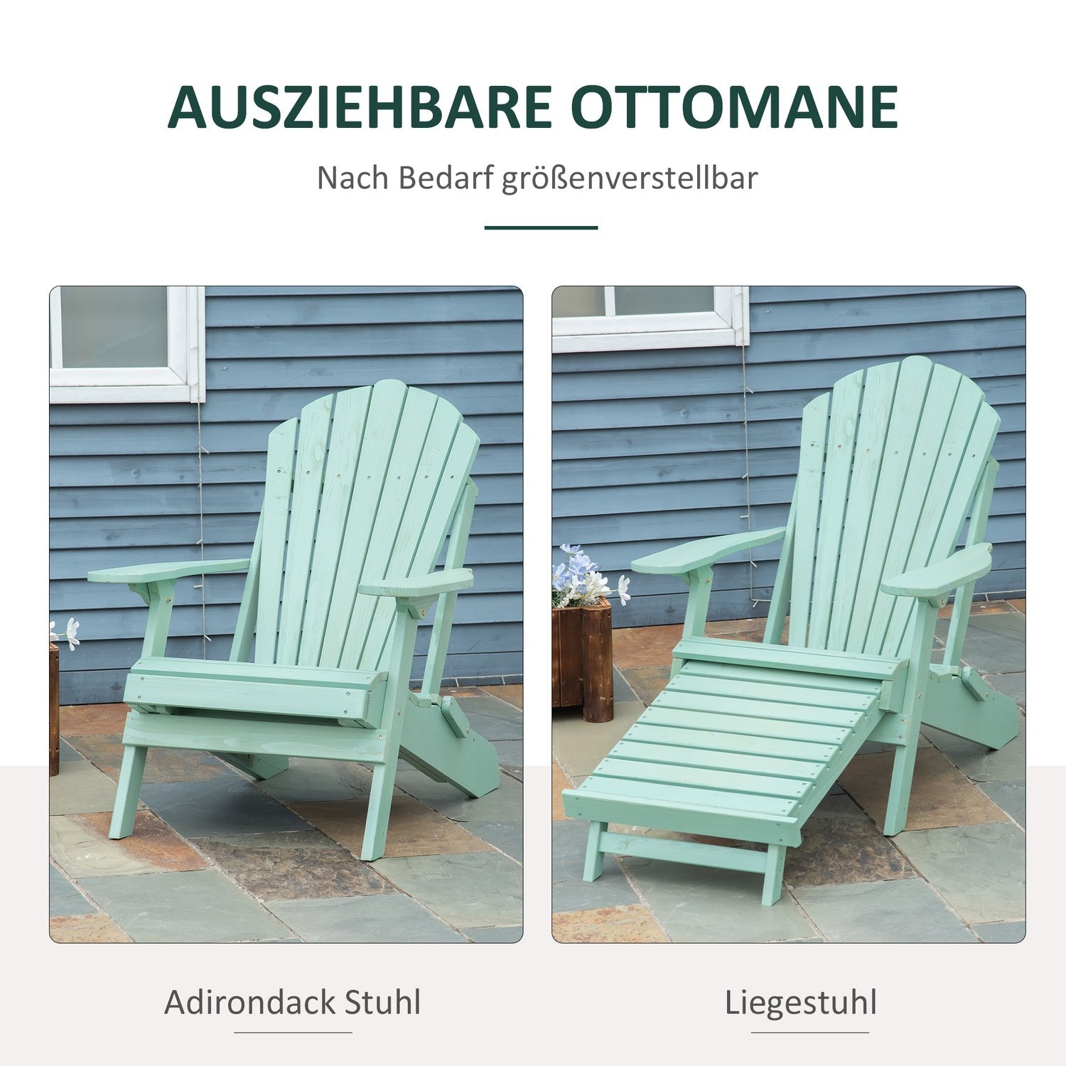 Adirondack Pine Wood Trädgårdsstol med fotstöd, grön