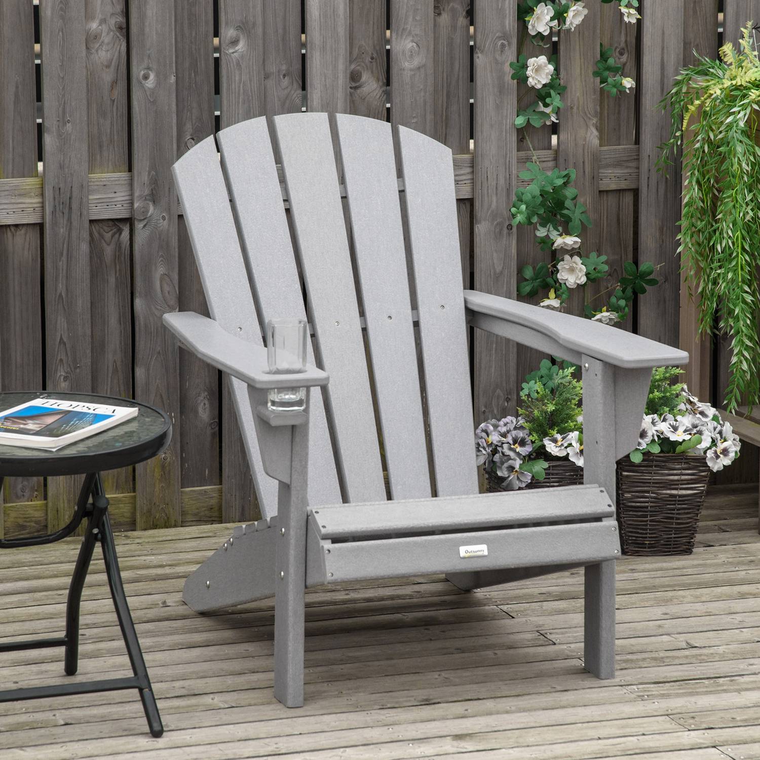 Adirondack trädgårdsstol i plast med mugghållare, grå