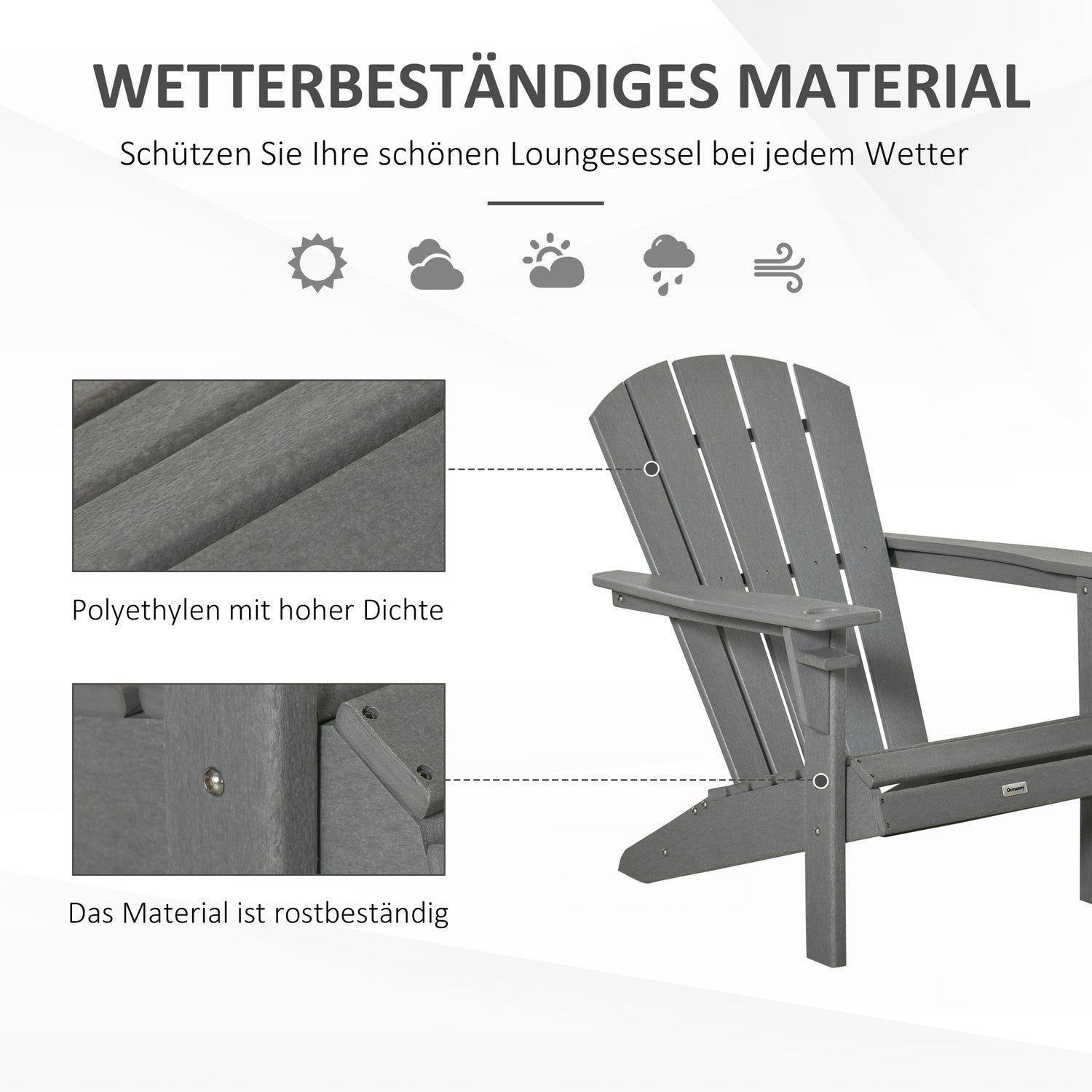 Adirondack trädgårdsstol i plast med mugghållare, grå