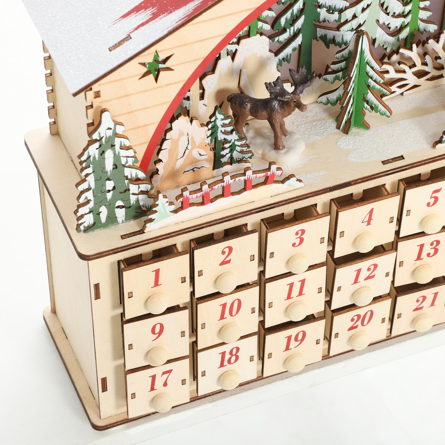 Adventskalender med 24 lådor, LED-lampor, trä, 36x10x34 cm