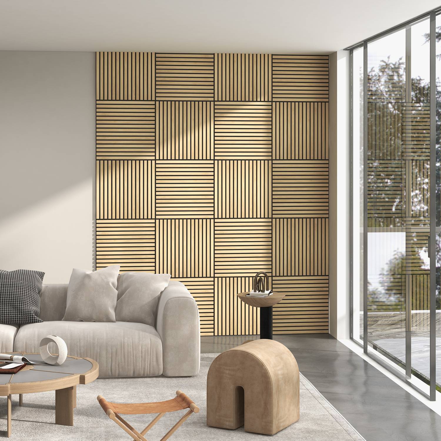 Akustické nástěnné panely z dubu ve 3D provedení – sada 4 kusů, 60x60 cm