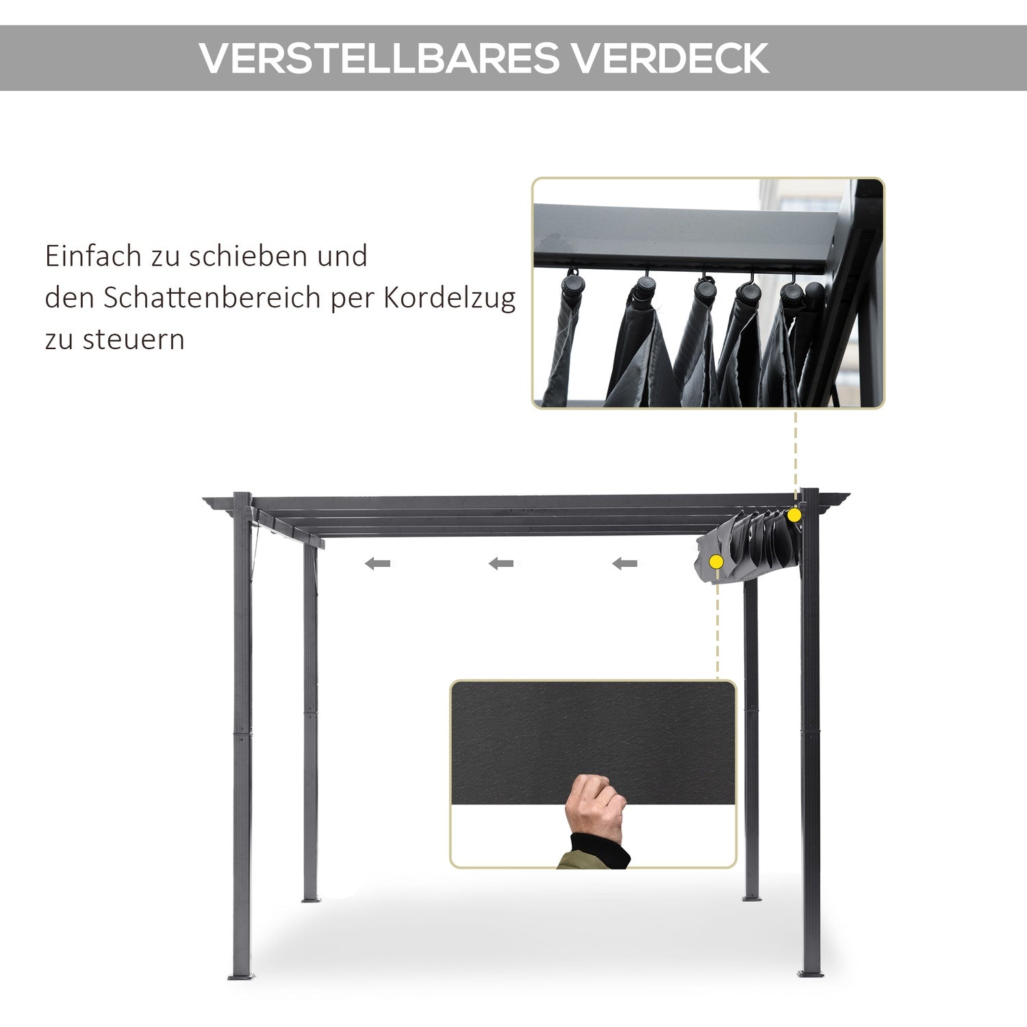 Aluminium Pergola Gazebo, Skjuttak, Kolgrå, 3x3M