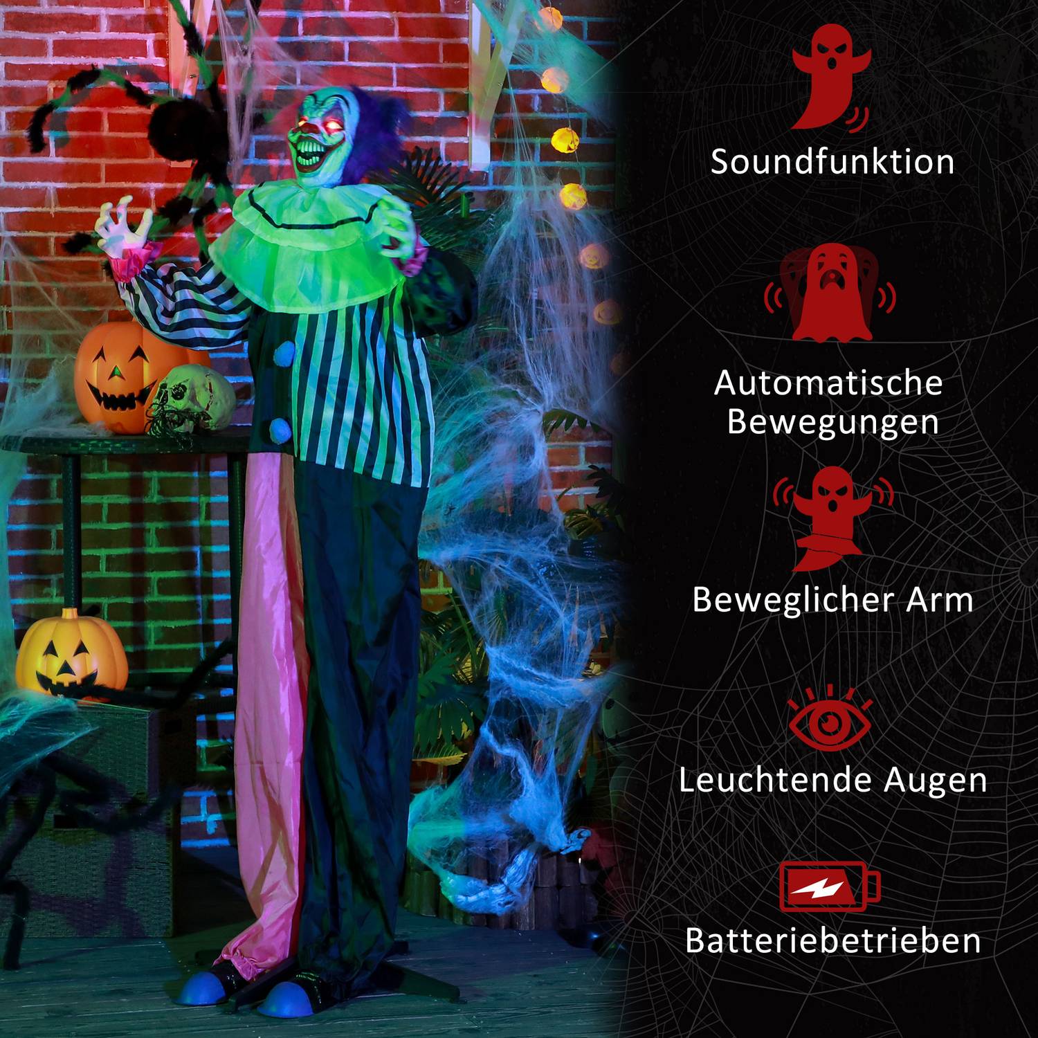 Animerad Halloween-clownrekvisita med rörelse och ljud, 173 cm