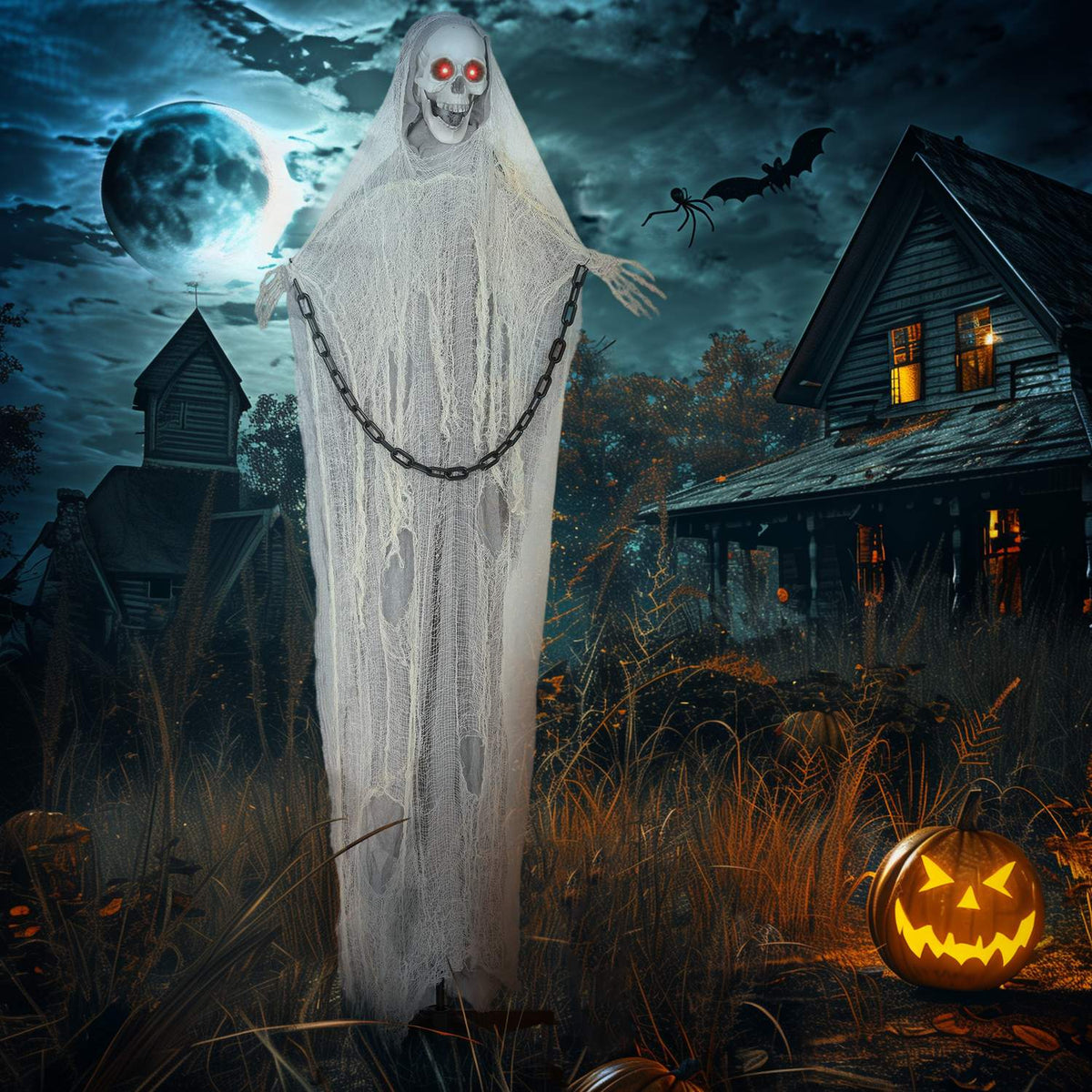 Animovaná halloweenská dekorace Smrťák, 183 cm, svítící oči