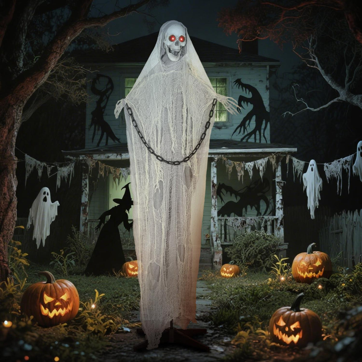 Animovaná halloweenská dekorace Smrťák, 183 cm, svítící oči