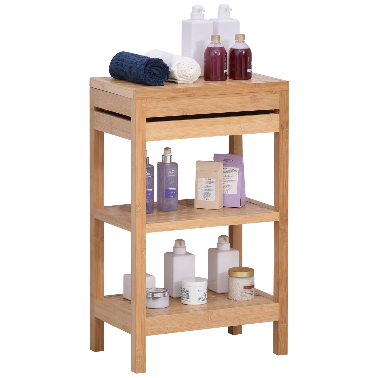 Badrumshylla i bambu, gångjärnsförsett lock, naturlig finish, 46x29,5x76,5 cm