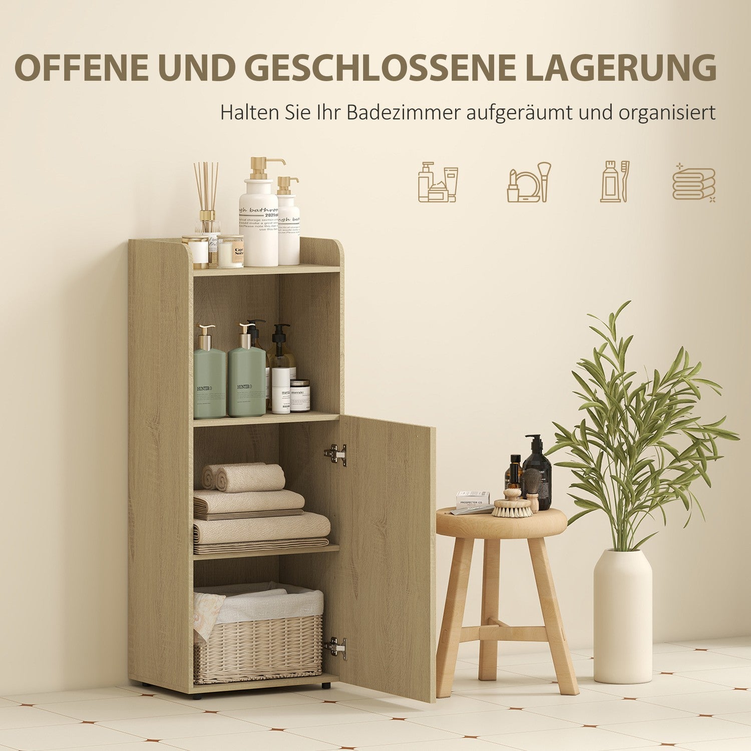 Badrumsskåp med justerbar hylla, gul ek, 40x31x104 cm