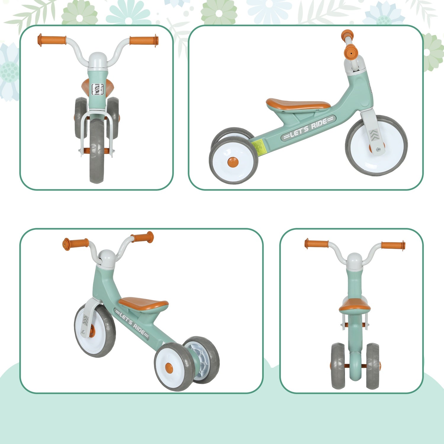Balanscykel för småbarn, utan pedaler, 3 tysta hjul, grön