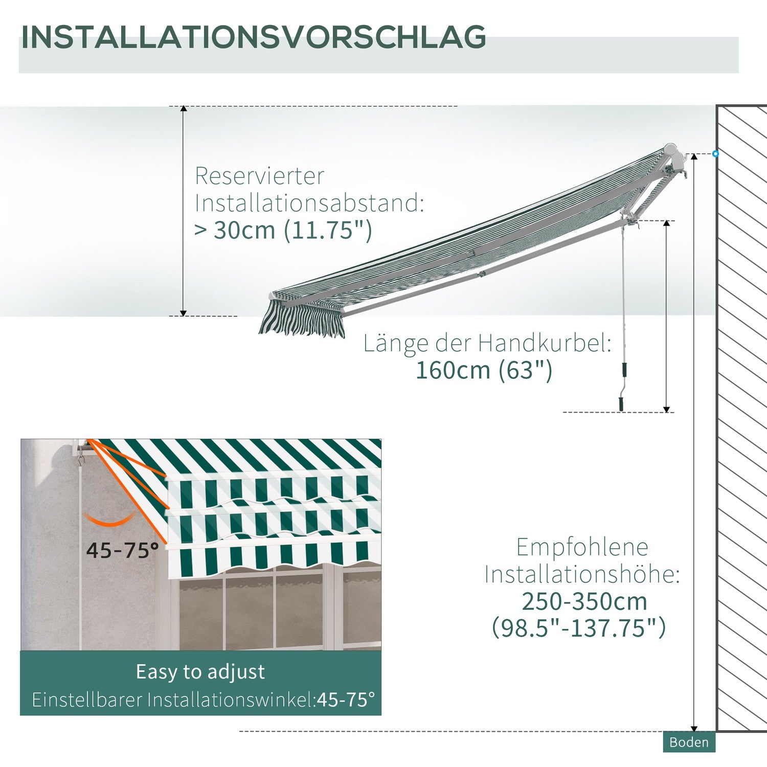 Balkongfällbar markis – 3x2,5M, Solskydd, Grön/Vit