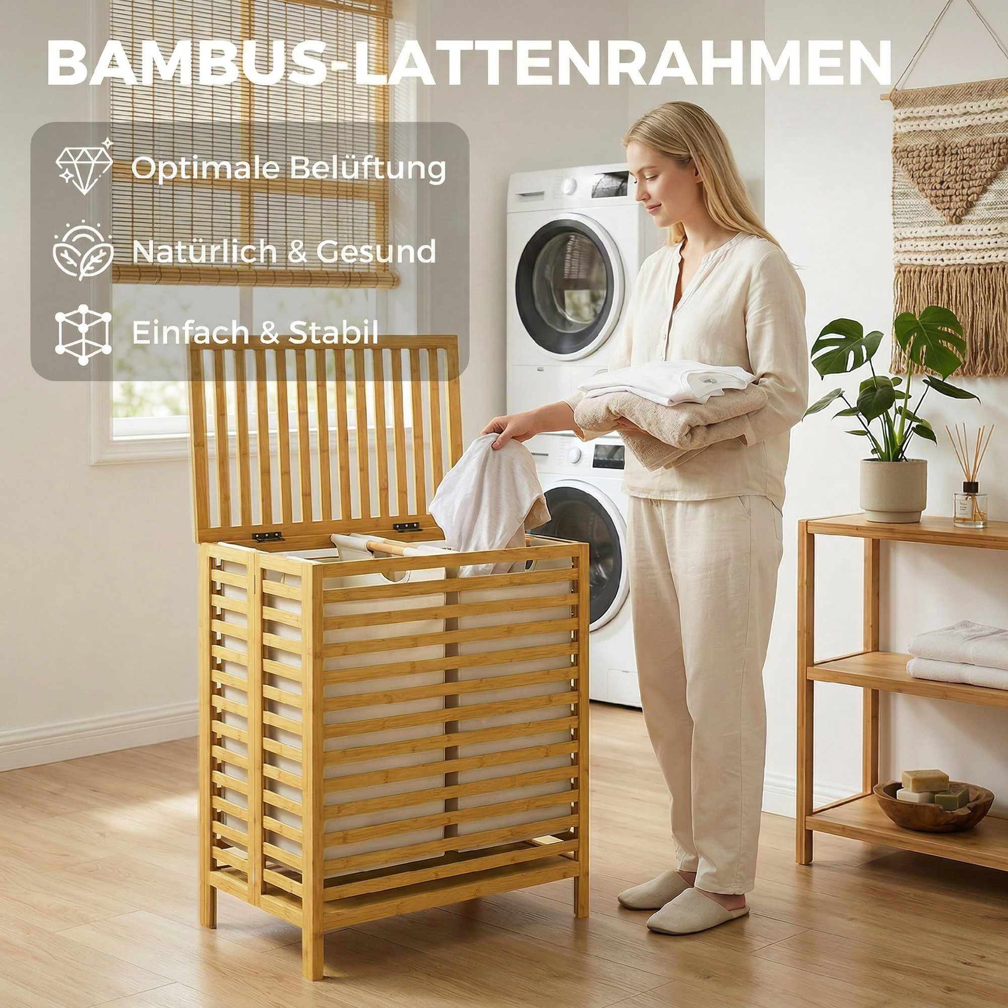 Bambutvättkorg med lock, 2 vikbara tvättpåsar, 32 liter