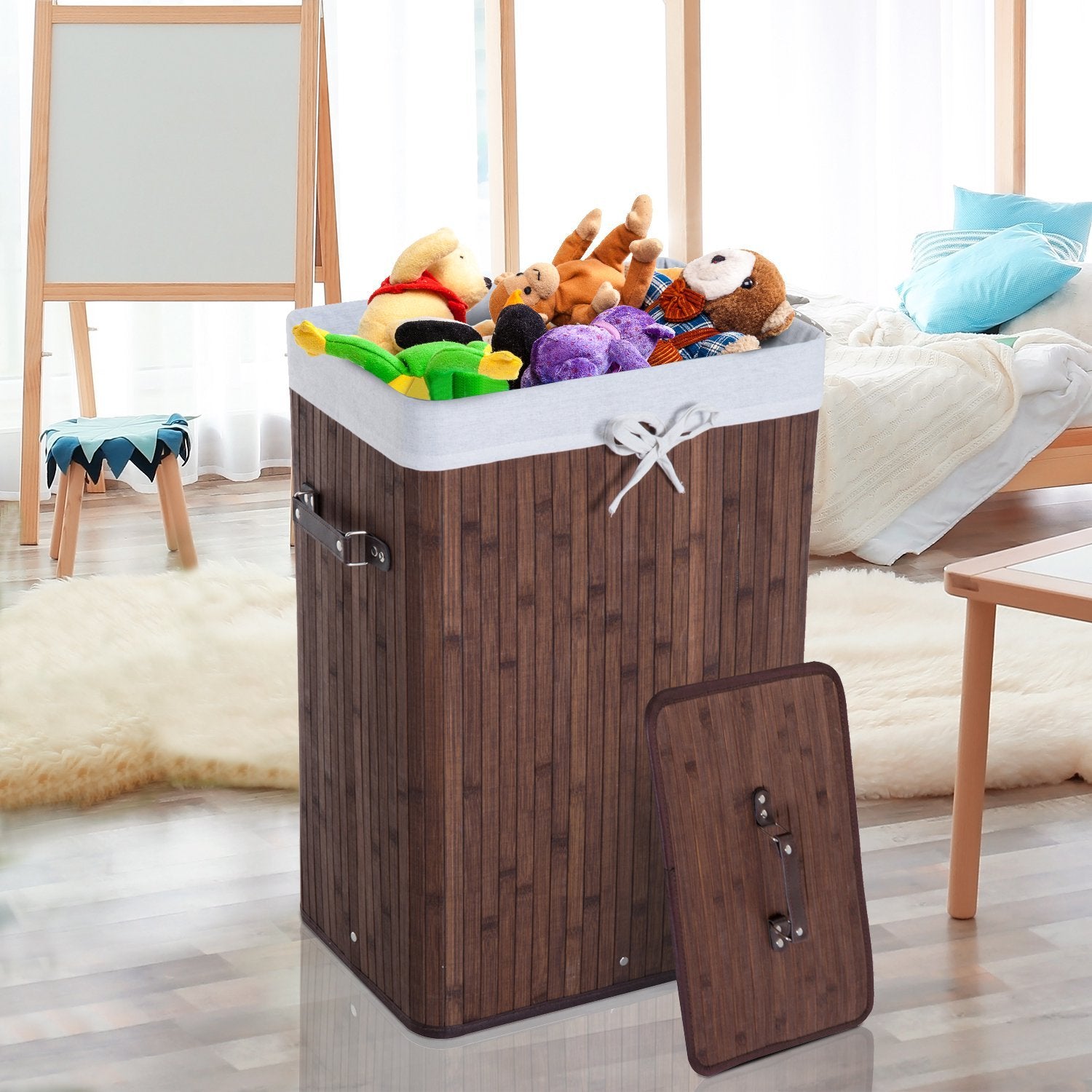 Bambu tvättkorg med lock, 72L, hopfällbar & tvättbar
