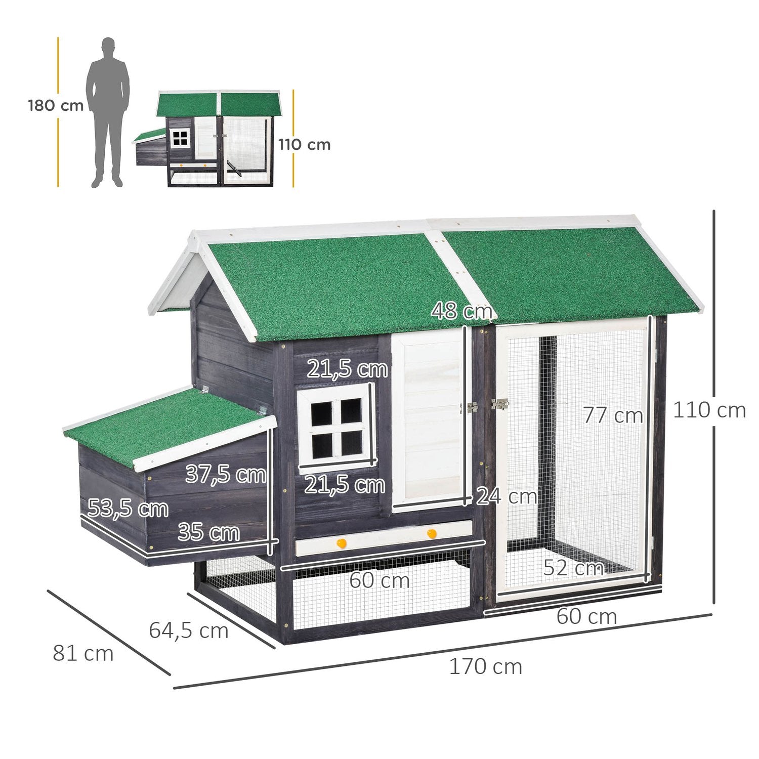 Bantam Chicken Coop med häcklåda & lekhage, grå