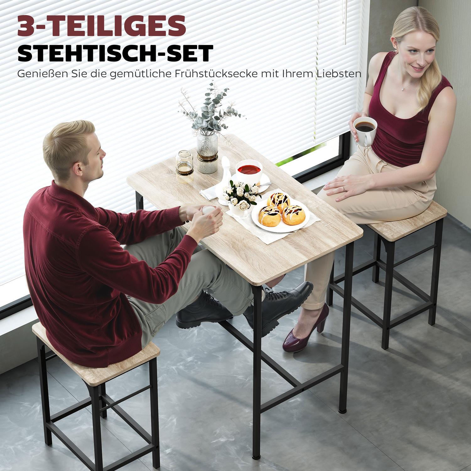 Barbordsset Barbord med barstolsset Matbord med 2 stolar med halkfri fotdyna Naturträ