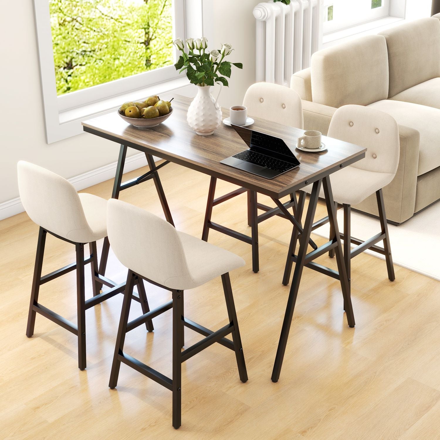 Barbordsset med pallar, 5-delat, stål, beige, 120x60x91 cm