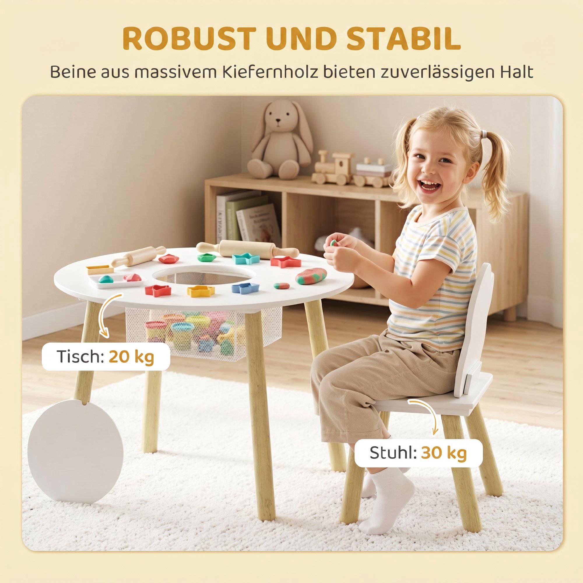 Barnbord och 2 stolar med förvaring, vit/naturfärgad