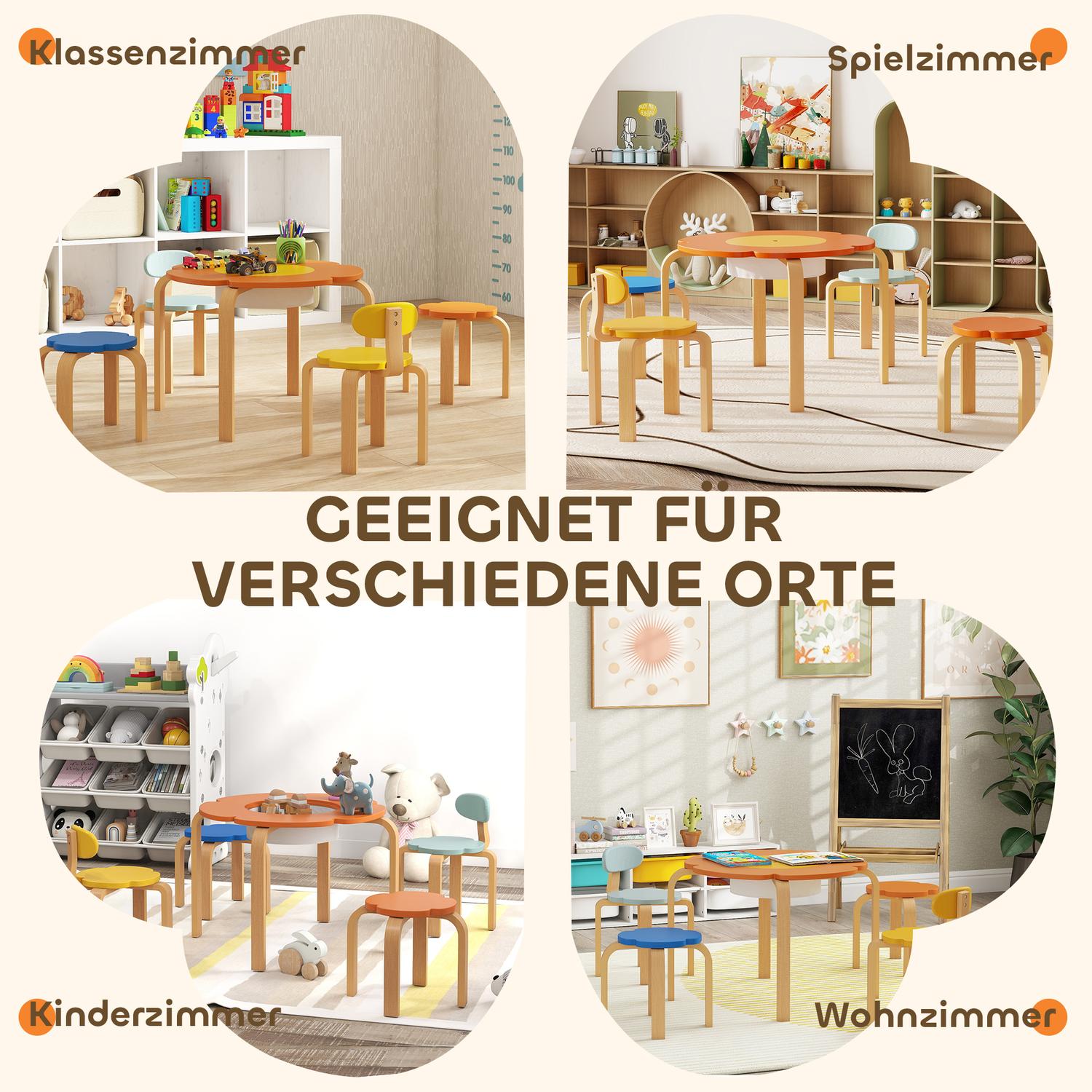 Barnbord och stolsset, 5 delar, blomformad, trä