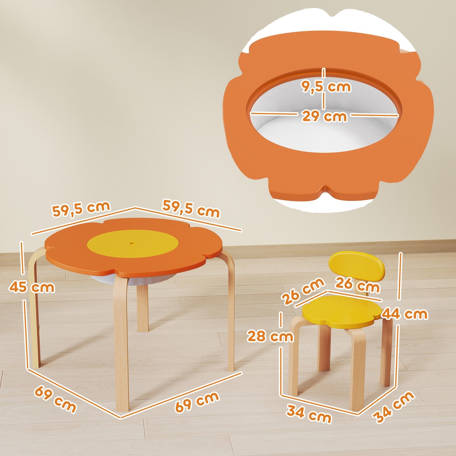 Barnbord och stolsset, 5 delar, blomformad, trä