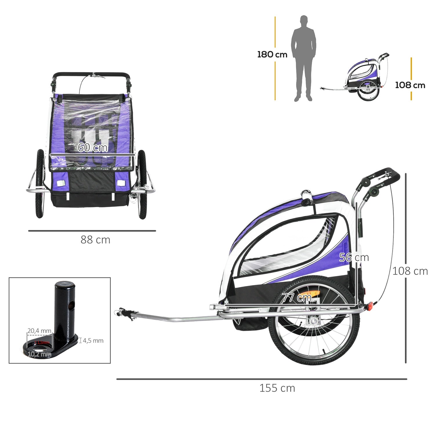 Barncykelvagn för 2 med regnskydd, lila och svart
