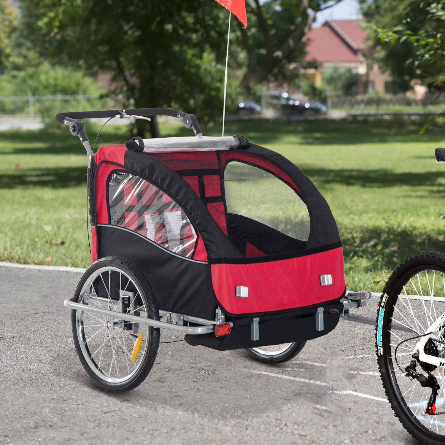 Barncykelvagn, hopfällbar med regnskydd, röd