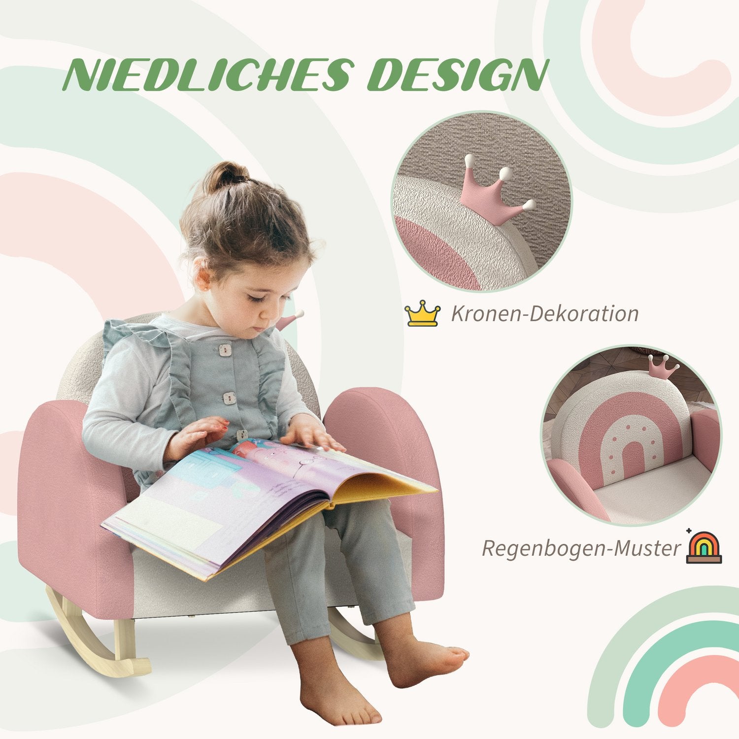 Dětské houpací křeslo, sametové, růžové, korunka a duhový dekor