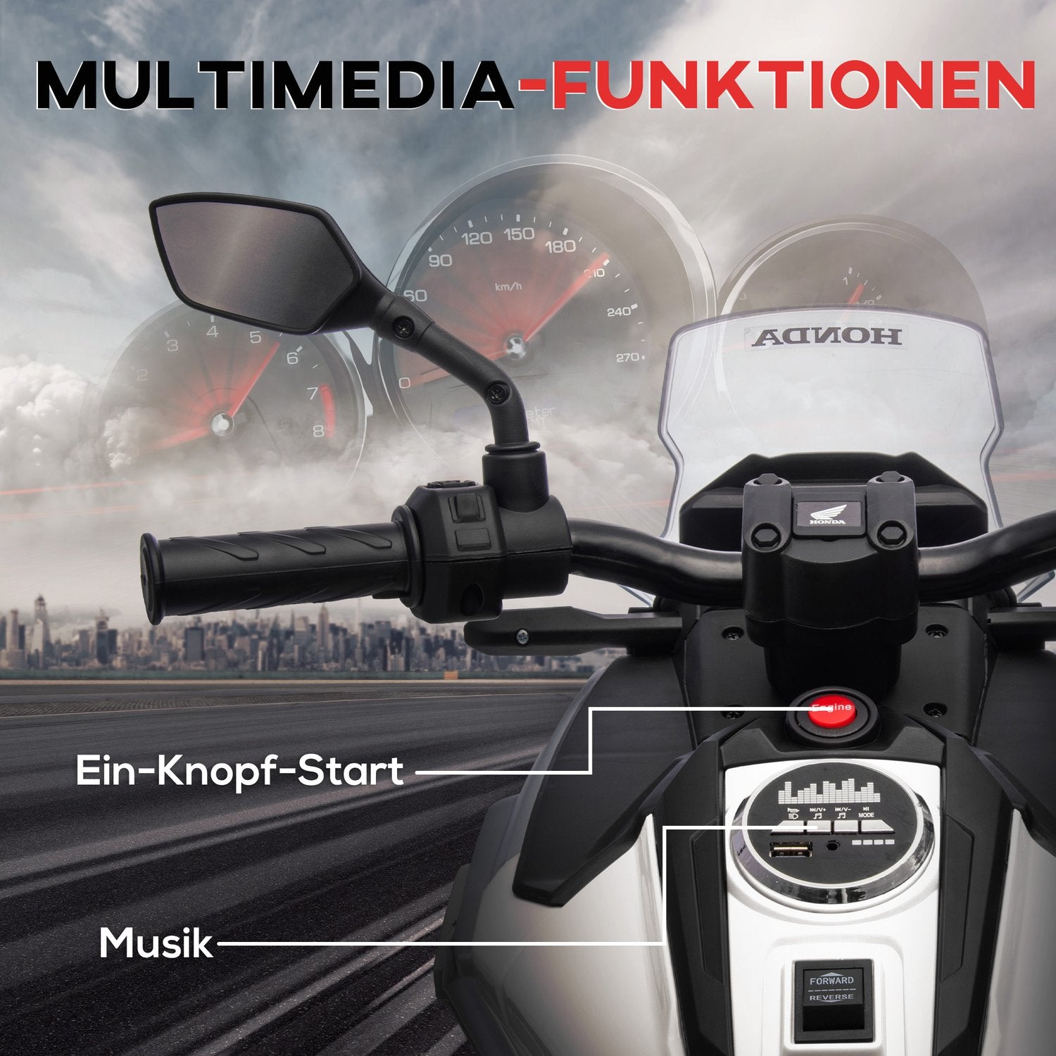 Dětská elektrická motorka 12 V, USB, LED, bílá