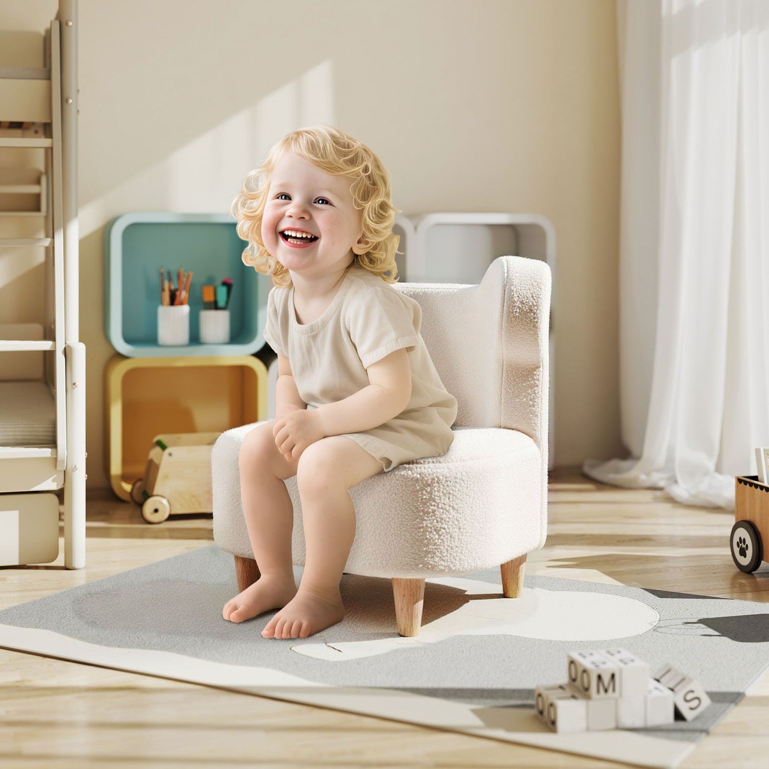 Barnstol i plysch med björnöron, fleeceöverdrag, beige