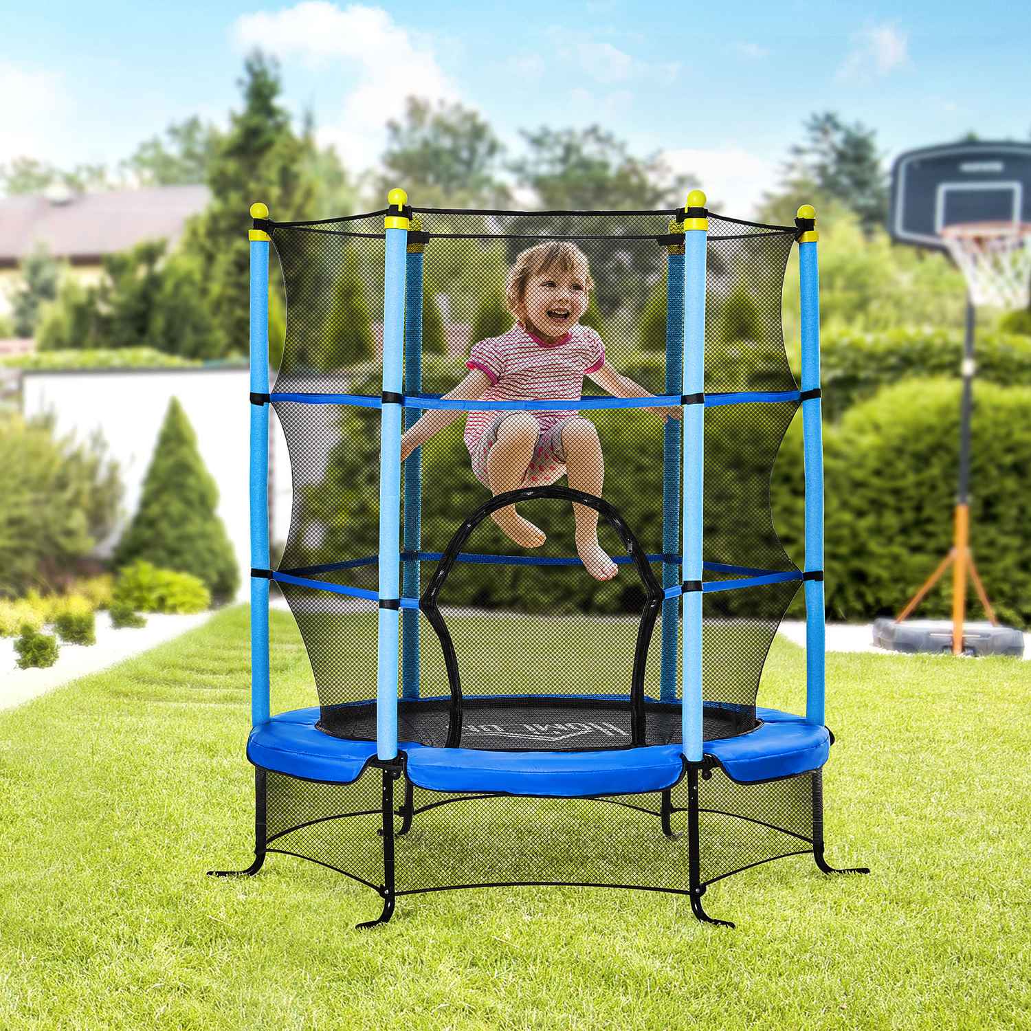 Barnstudsmatta 163 cm med skyddsnät – stålblå