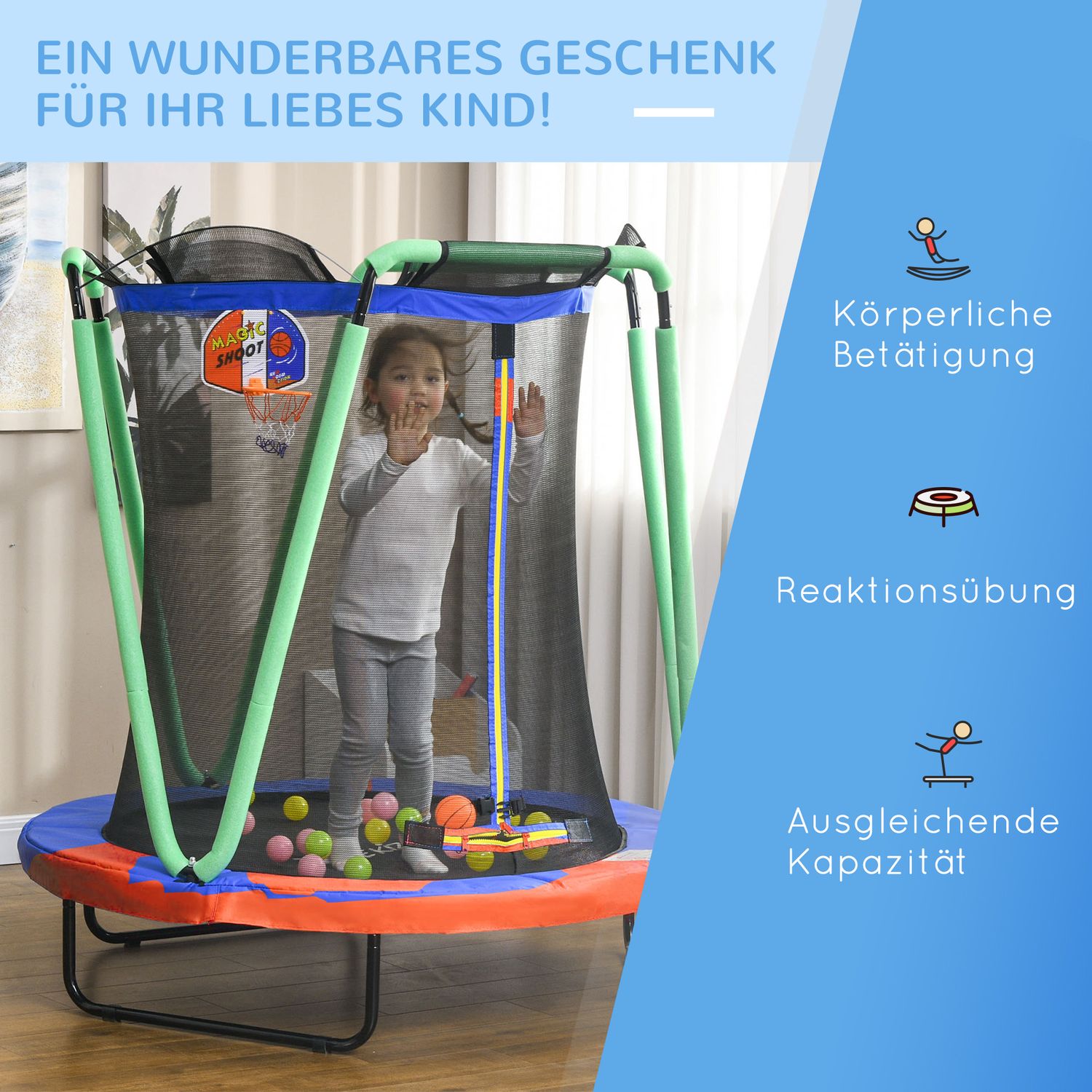 Barnstudsmatta med skyddsnät & basketbåge, 140 cm