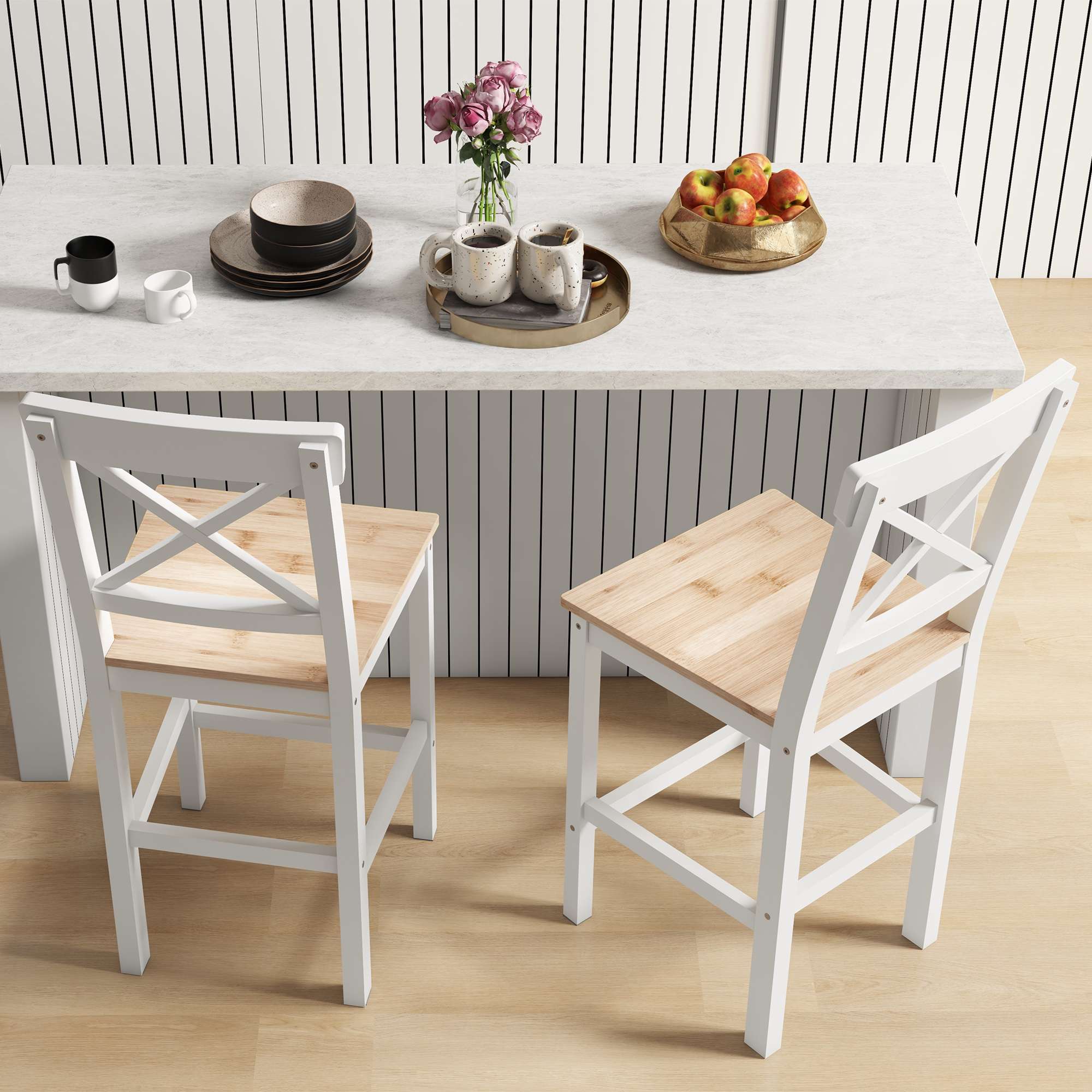 Barstolar Set Om 2, Furu, Ryggstöd, Fotstöd