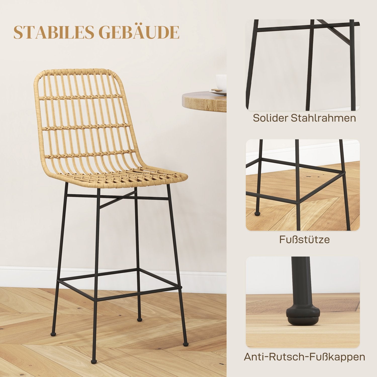 Sada 2 barových židlí, boho design, PE ratan, žluté