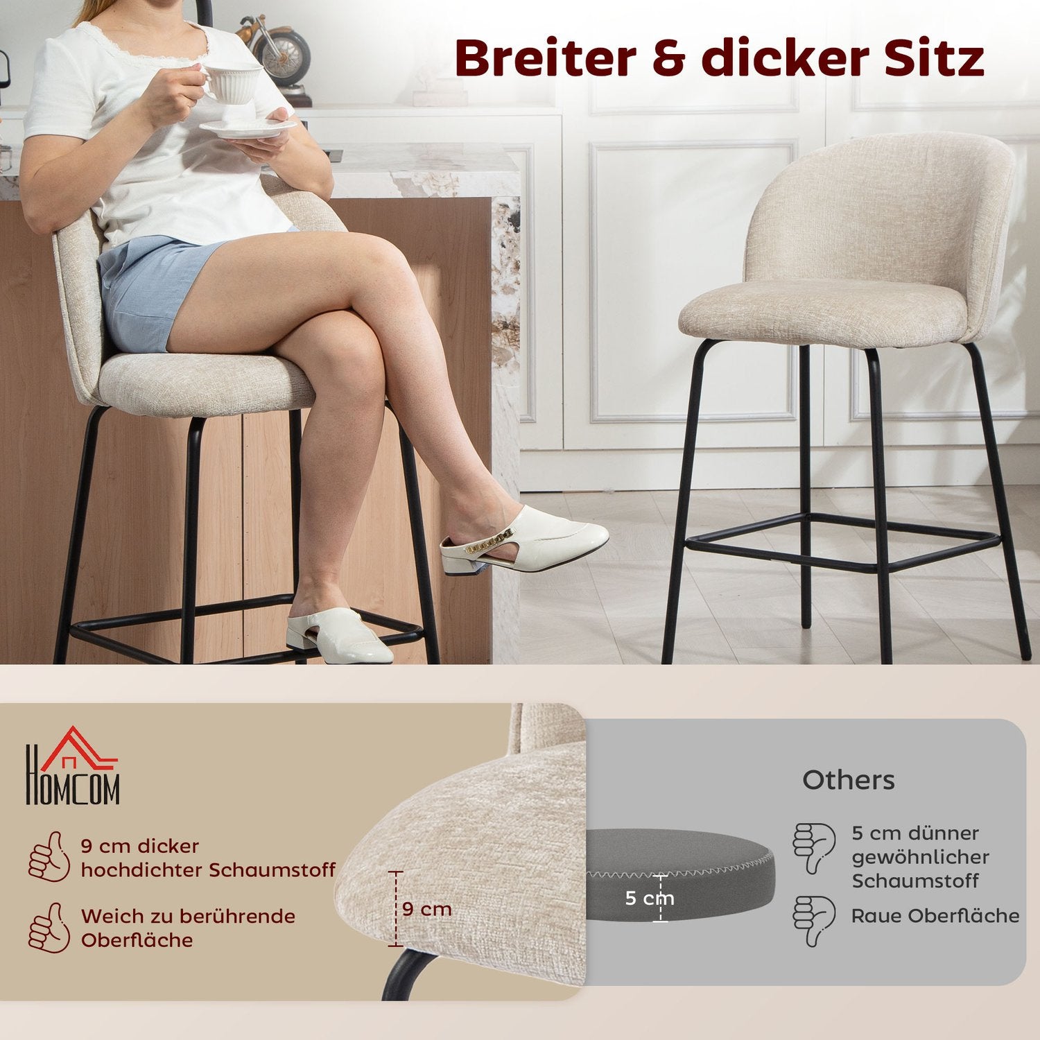 Barstolar Set om 2, Ryggstöd och Fotstöd, Beige