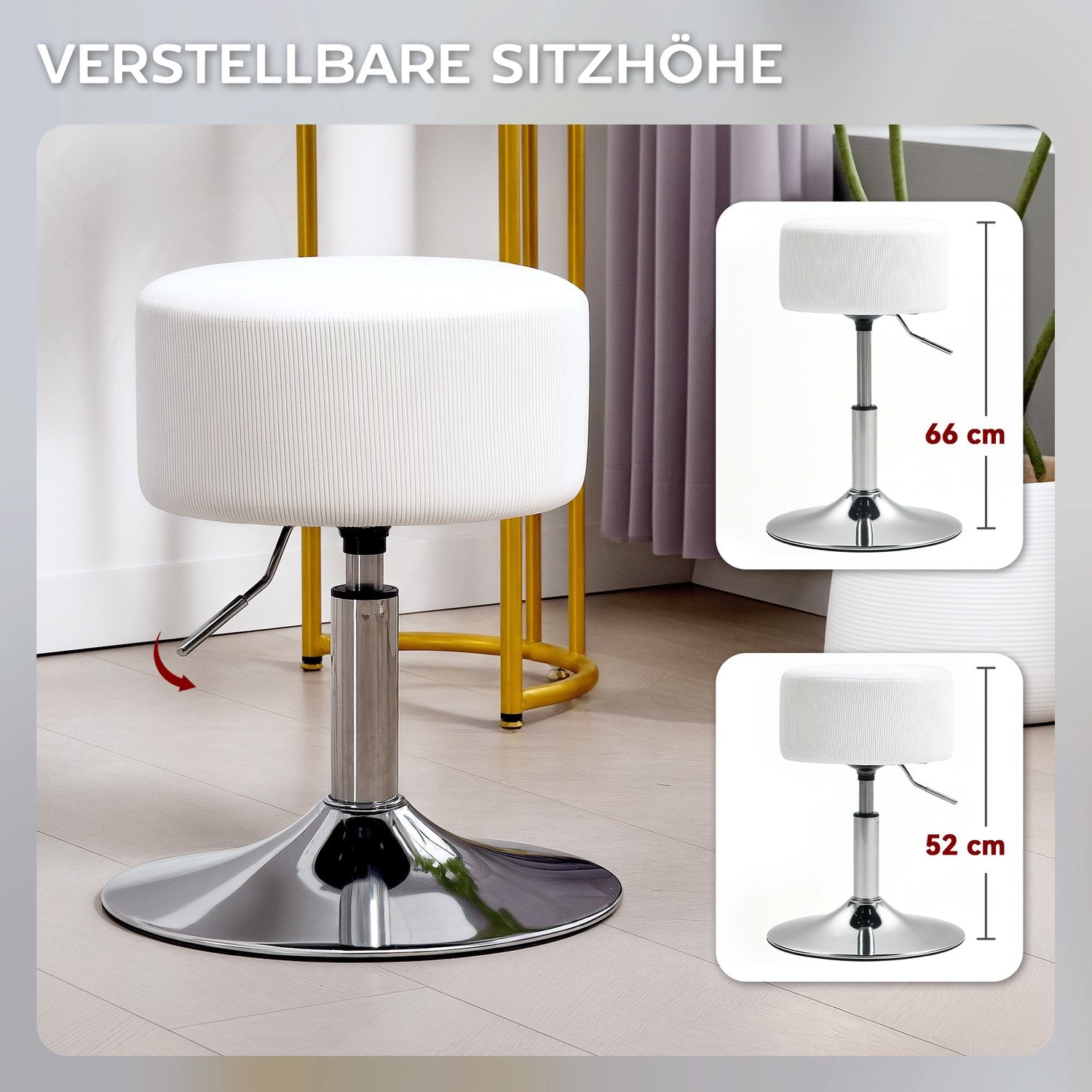 Barstol, stoppad barstol med metallram, manchesterlook, justerbar i höjdled, 360° vridbar, vit
