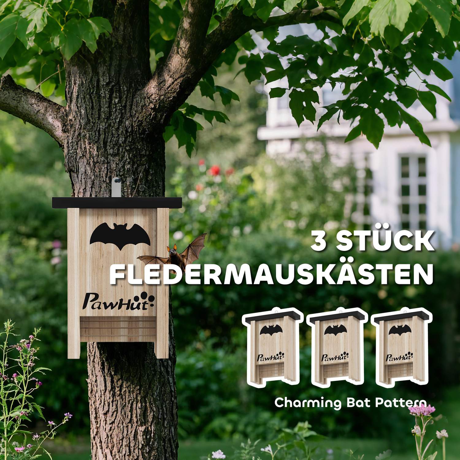 Bat House Set om 3 – Naturligt granträ, 18 x 6 x 22,5 cm