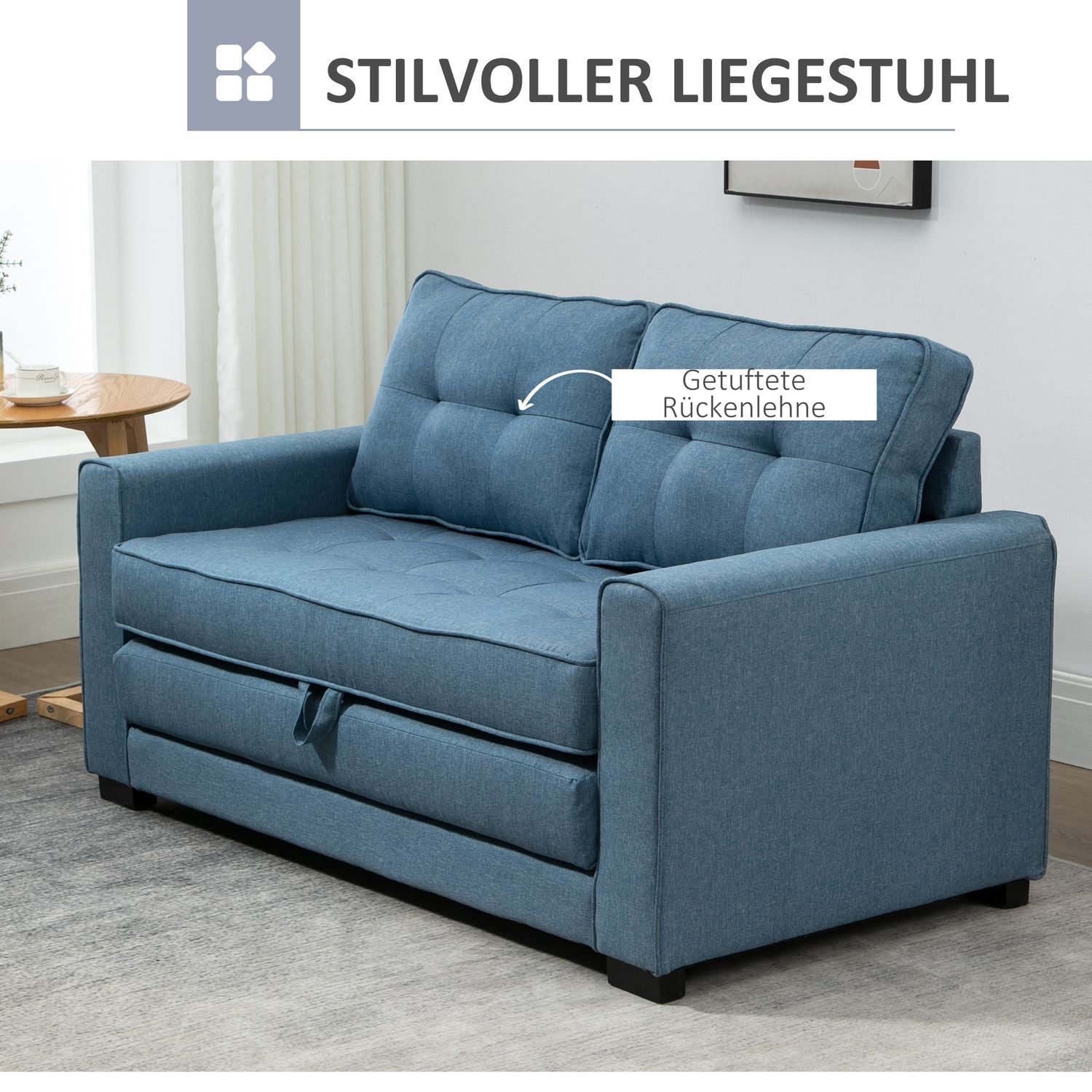 Bäddsoffa i blå tyg med sovfunktion, 2-sits