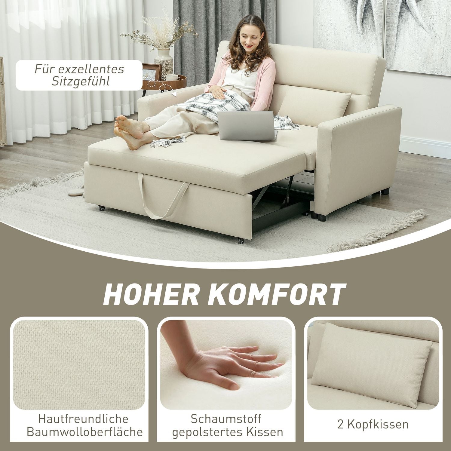 Bäddsoffa i sammetslook, 2-sits, justerbar, beige