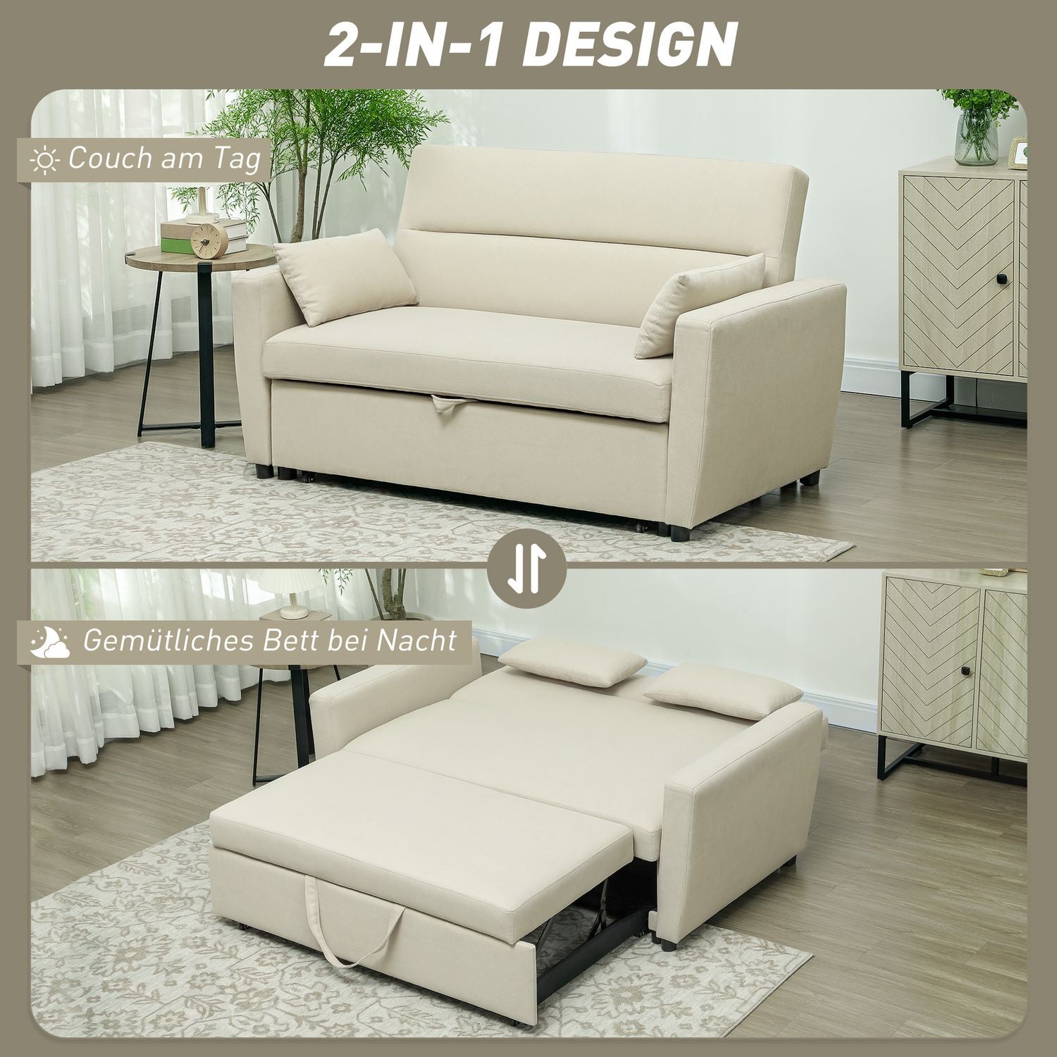 Bäddsoffa i sammetslook, 2-sits, justerbar, beige